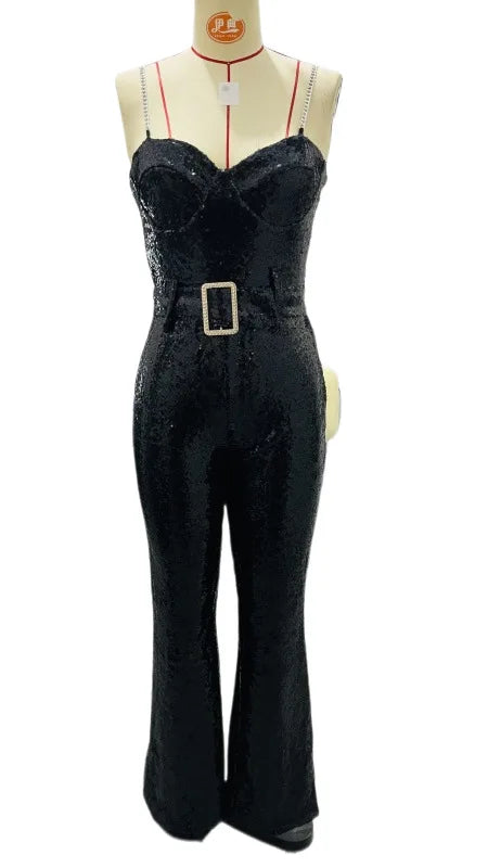 New Shiny Sequined Backless Banquet Jumpsuit Casual Women's Off Shoulder Summer Playsuit Fashion Sleeveless High Waist Rompers