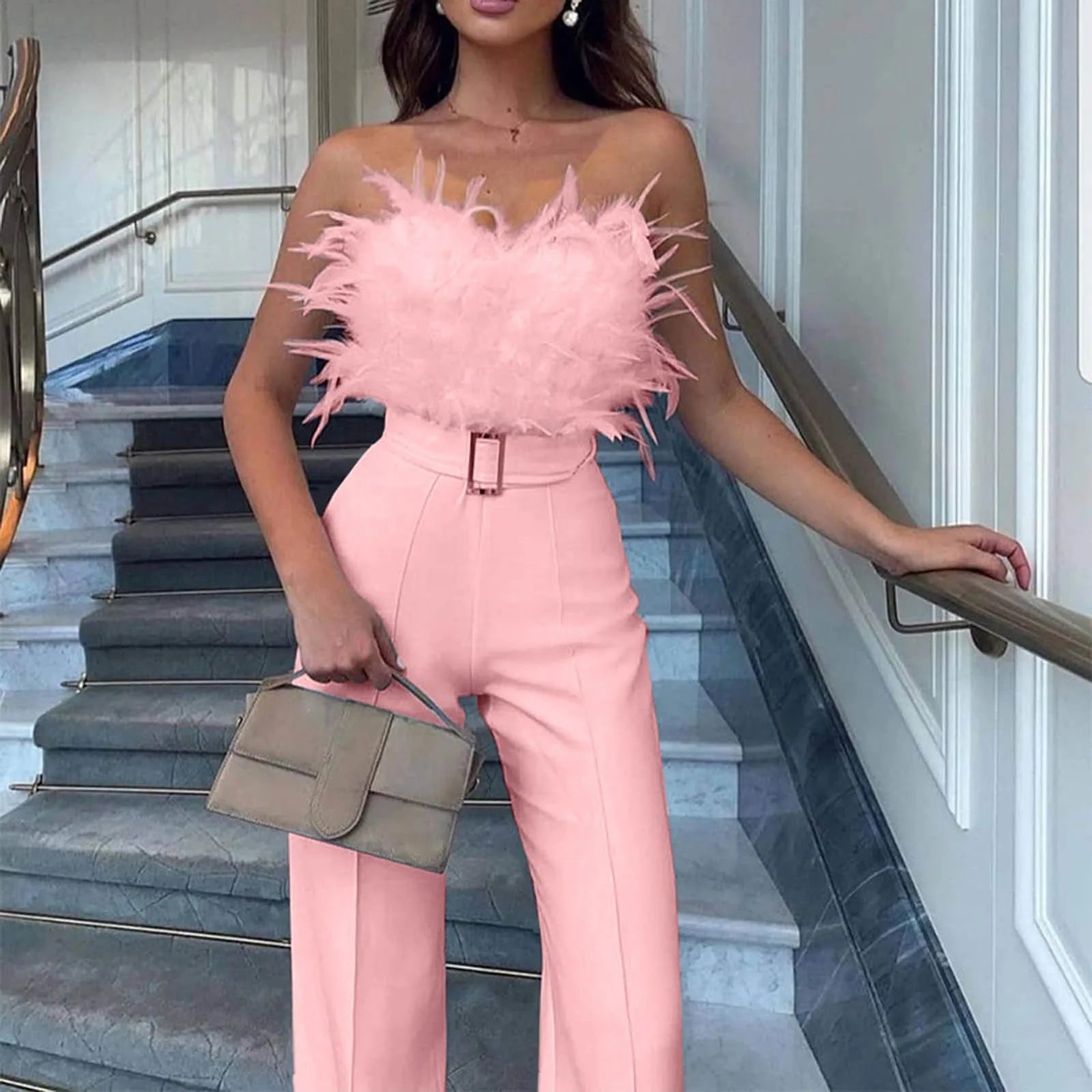 Women Jumpsuit Feather Tube Top Sexy Evening Party Jump Suits Sleeveless High-waisted Straight Playsuits Night Clubwear Overalls - JN Fashion Fusion