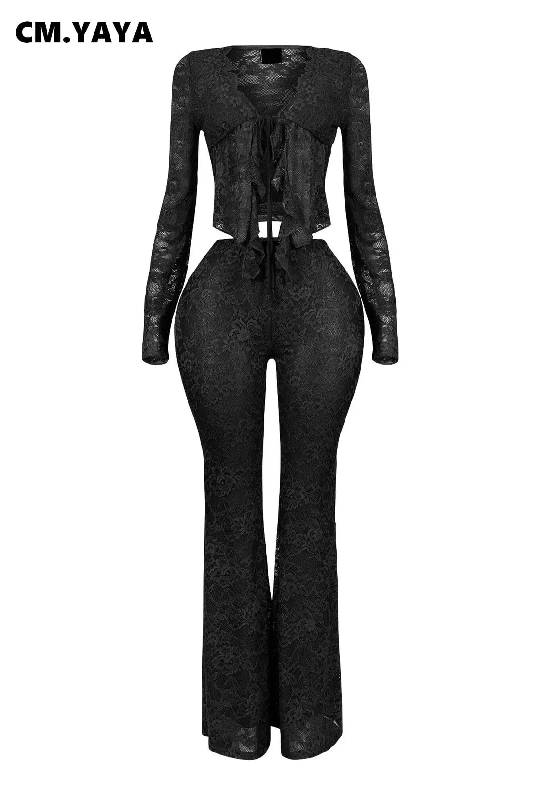 CM.YAYA 2025 Women's Set Long Sleeve Lace See Through Shirt + Long Pants Street Evening Sexy Two 2Piece Sets Outfits Tracksuit - JN Fashion Fusion