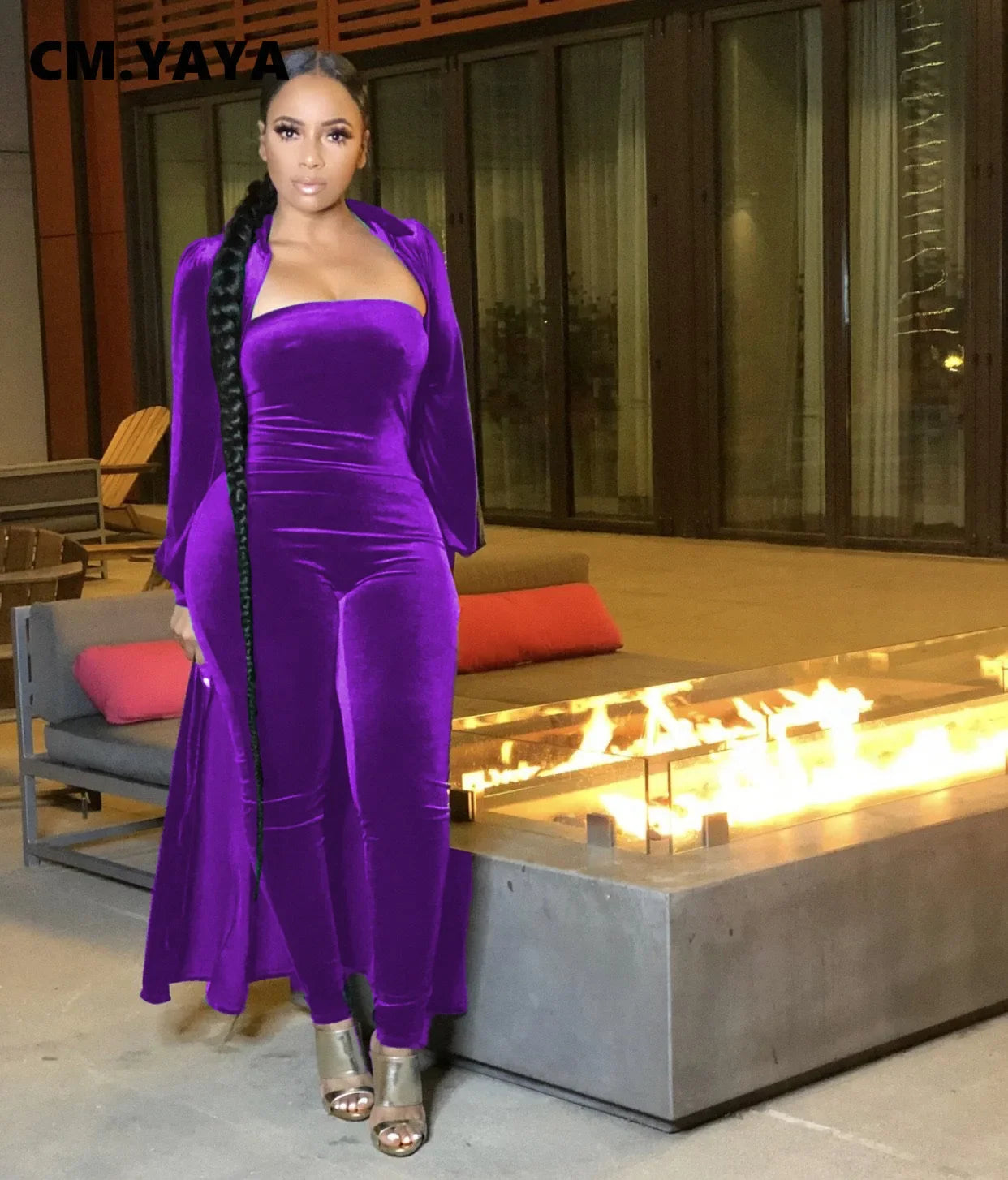 CM.YAYA Vintage Velvet Two 2 Piece Set Outfits for Women Long Sleeve Maxi Cardigan + Strapless Jumpsuit Suit INS 2022 Tracksuit - JN Fashion Fusion