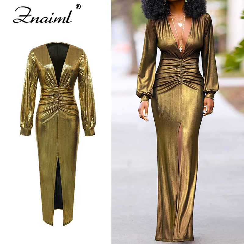 Znaiml Sexy Deep V Neck Long Sleeve Ruffles Split Dress Women Bodycon Golden Metal  Elegant Christmas Party Birthday Event Robe