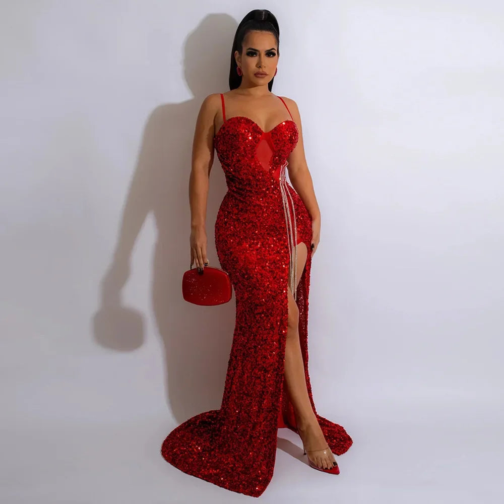 CM.YAYA Women Sequined Tassel Front Spaghetti Strap  Sleeveless High Side Slit  Maxi Long Dress 2023 Evening Sexy Party Dresses - JN Fashion Fusion