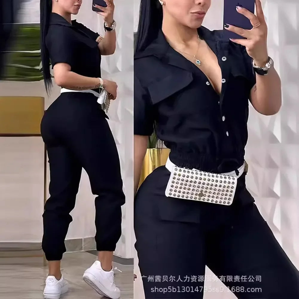 Short Sleeve Pocket Design Cuffed Cargo Jumpsuit Women Summer Solid Color Playsuits Jumpsuits Pants High Waist - JN Fashion Fusion