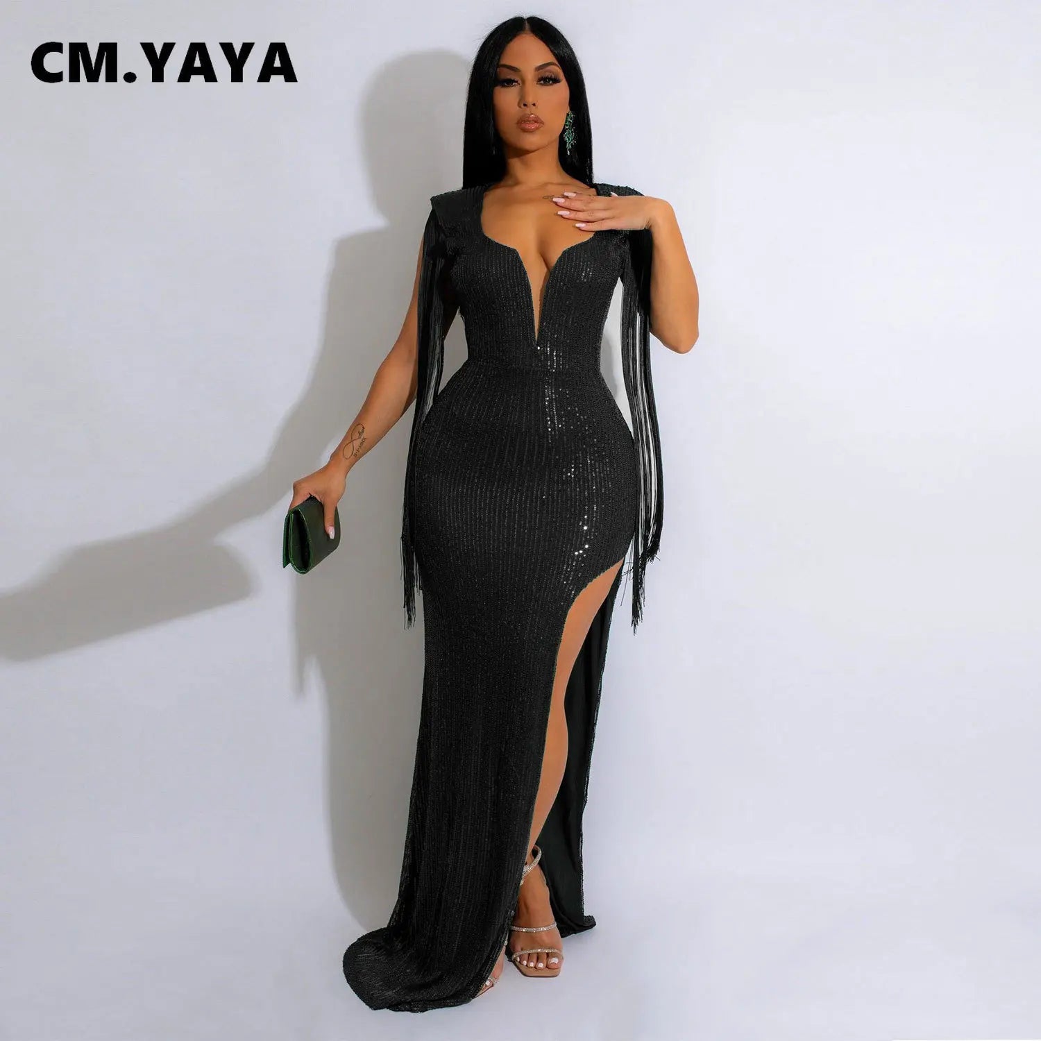 CM.YAYA Women Sequined Tassel Sleeve High Side Slit Midi Maxi Long Dress Autumn Winter Sexy Prom Party Evening Bodycon Dresses - JN Fashion Fusion