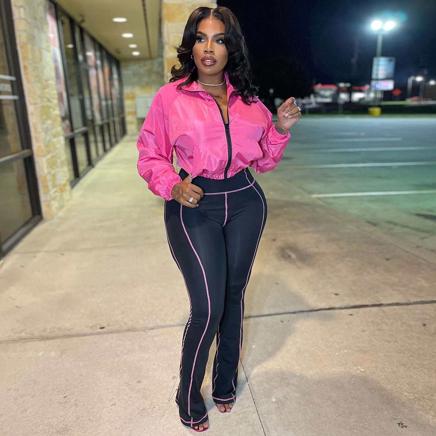 FAGADOER Autumn Winter Casual 2 Pieces Set for Woman Outfits Solid Color Long Sleeves Crop Top + Flared Pants Female Sportswear - JN Fashion Fusion