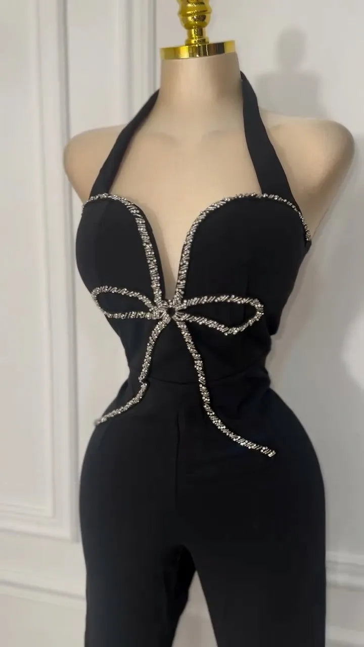 CM.YAYA Fashion Women Halter Neck Butterfly Striped Splicing Sleeveless Jumpsuits 2025 Sexy Party Outfits One Piece Suit Rompers - JN Fashion Fusion