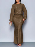 Fashion Shiny Women's Dress Spring Autumn O-neck  Long Sleeve Slim Hips Banquet Long Dress Female Pleated Party Fishtail Dresses - JN Fashion Fusion