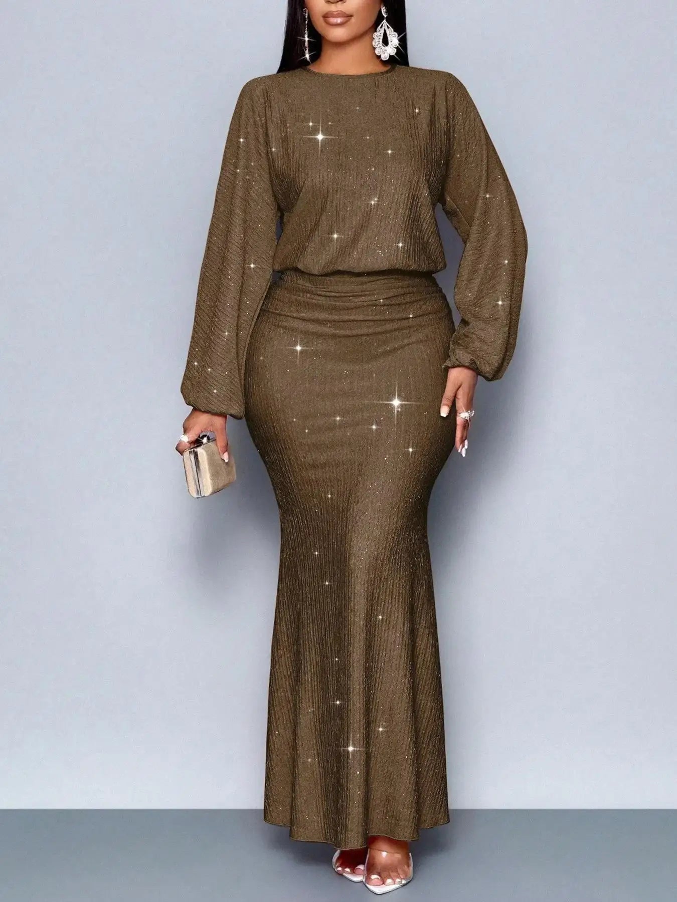 Fashion Shiny Women's Dress Spring Autumn O-neck  Long Sleeve Slim Hips Banquet Long Dress Female Pleated Party Fishtail Dresses - JN Fashion Fusion