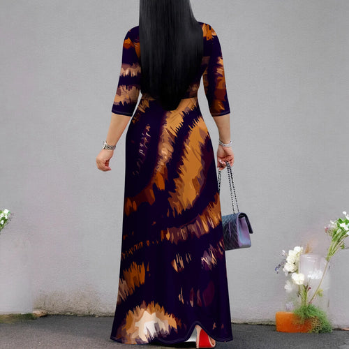 Casual Printed Maxi Dress Women Hawaii Vacation V Neck 3/4 Sleeve Loose Fit Long Dress - JN Fashion Fusion