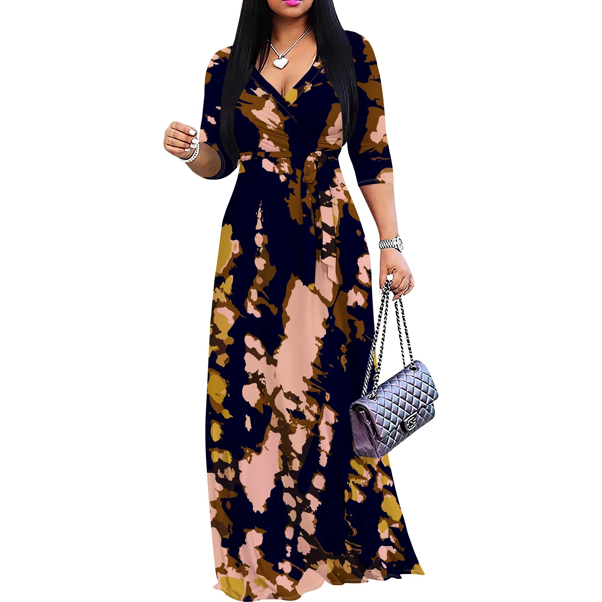 Casual Printed Maxi Dress Women Hawaii Vacation V Neck 3/4 Sleeve Loose Fit Long Dress