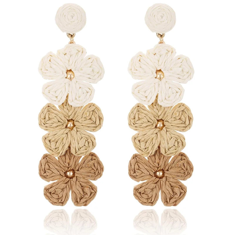 Raffia Flower Earrings for Women Mom, Raffia Straw Wrapped Flower Drop Dangle Earrings Summer Tropical Beach Jewelry Gifts - JN Fashion Fusion