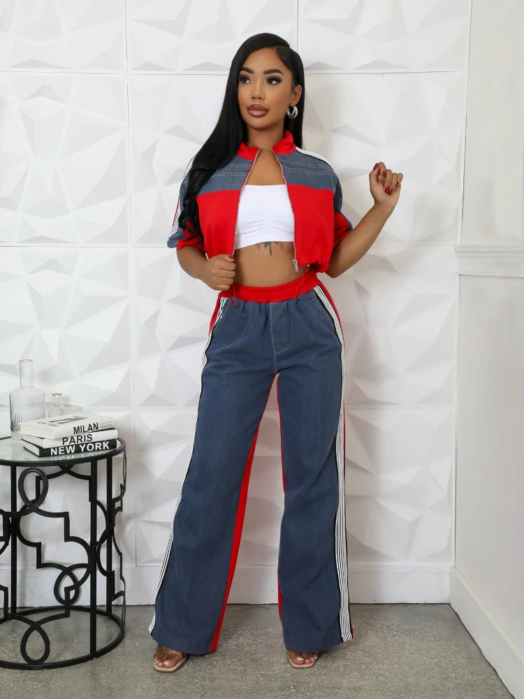 CM.YAYA Women Set Short Sleeve Jackets tops  + Denim Patchwork Pant Suits 2025 Two 2 Piece Sets Sporty Tracksuits Street Outfits - JN Fashion Fusion