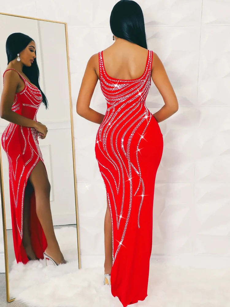 Beyprern Women's Rhinestones Décor Leg Slit Maxi Dress Glam Sleeveless Diamonds Slim Party Club Dress Birthday Outfits Vestidos - JN Fashion Fusion