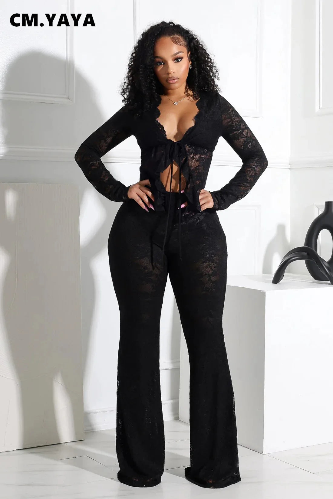 CM.YAYA 2025 Women's Set Long Sleeve Lace See Through Shirt + Long Pants Street Evening Sexy Two 2Piece Sets Outfits Tracksuit - JN Fashion Fusion