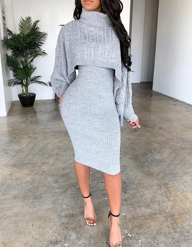 Women's Sweater Dress Set Autumn Winter New 2025 Solid Turtleneck Ribbed Sweater & Knitted Strap Dress Sets Matching Outfit - JN Fashion Fusion