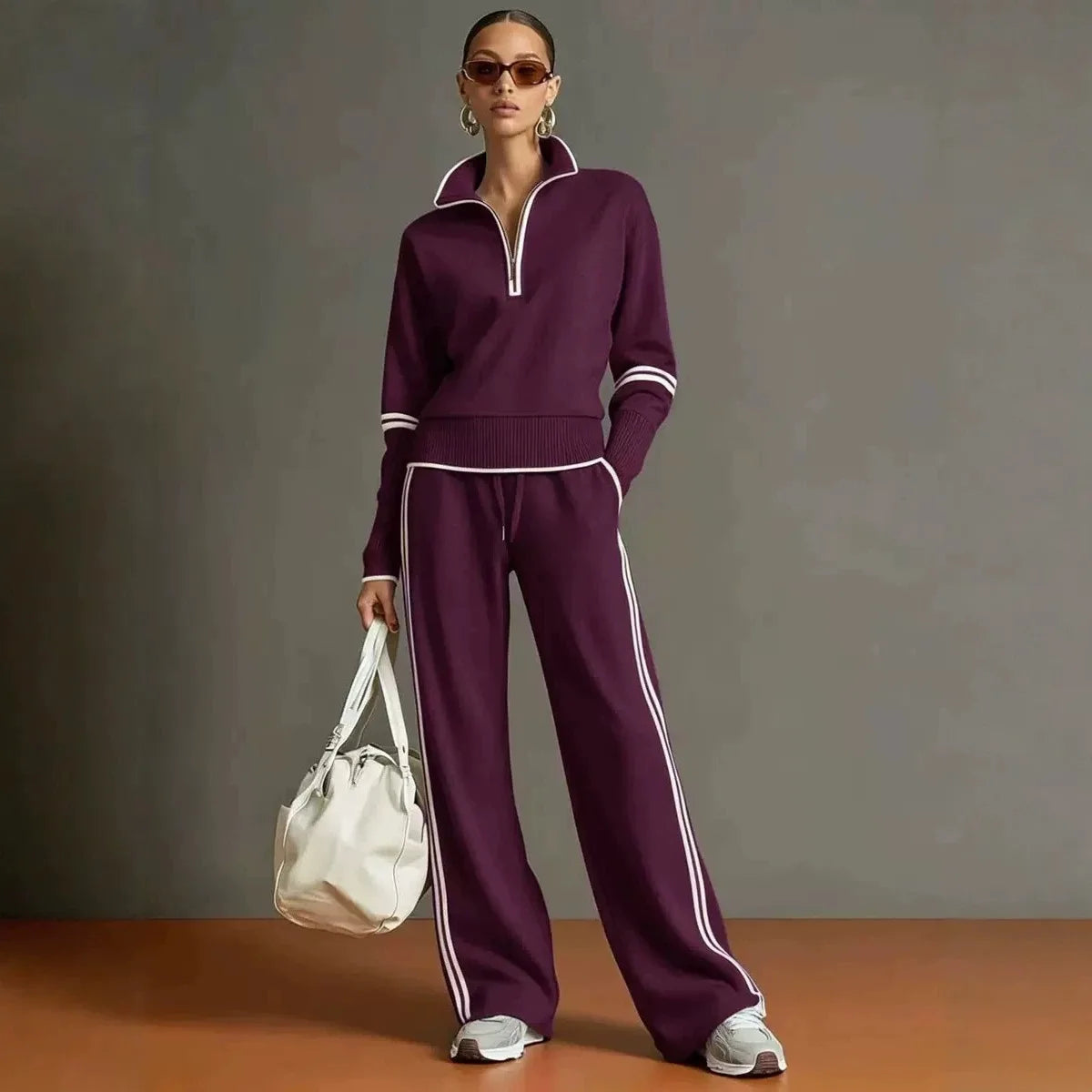 Casual striped hoodie and wide-leg pants two-piece set for women, featuring color blocking design, from JN Fashion Fusion.