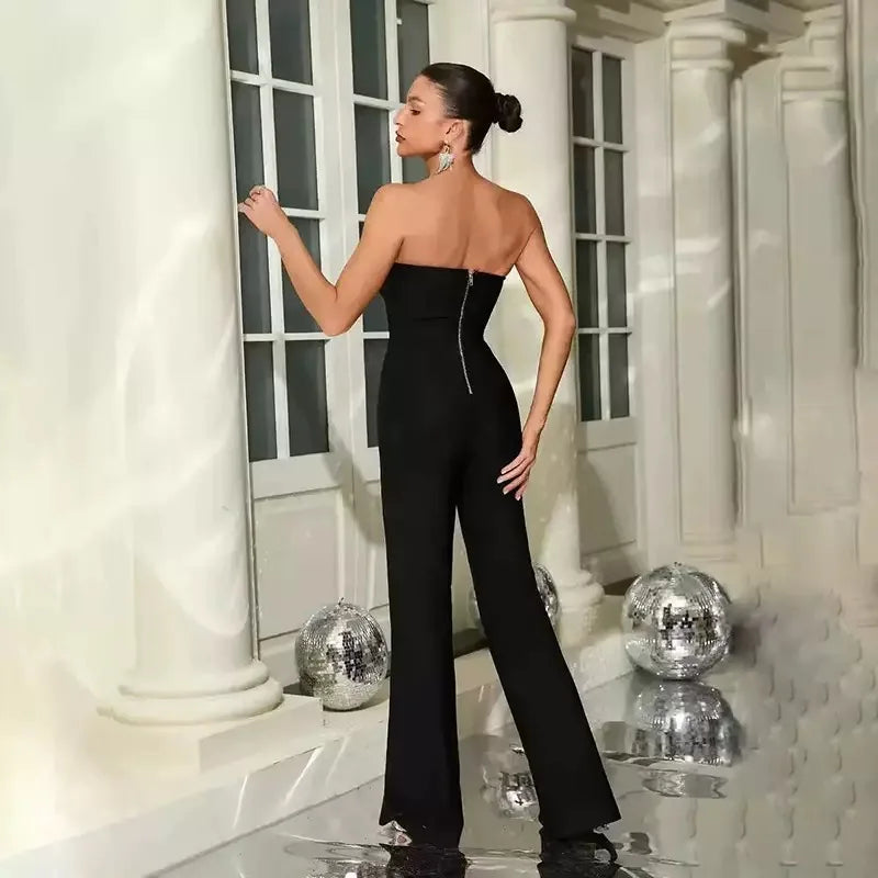 Fashion Celebrate Sequin Beads Women Sexy Strapless Bodycon Bandage Jumpsuit Runway Nightclub Party Luxury Birthday Outfits