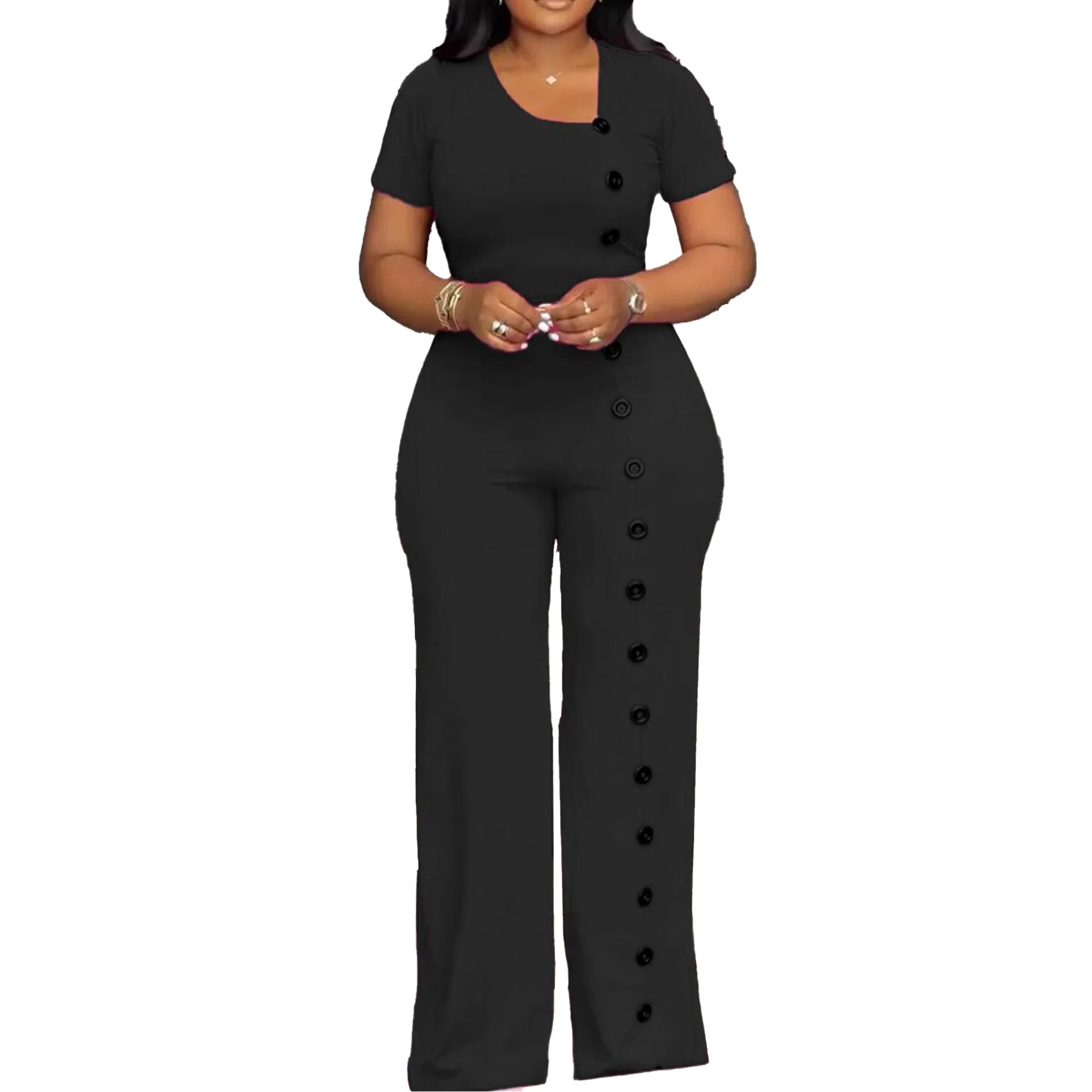 Women's Elegant Long Jumpsuits Summer Short Sleeve Buttons Solid Color Wide Leg Pants Rompers Female One Pieces Party Overalls