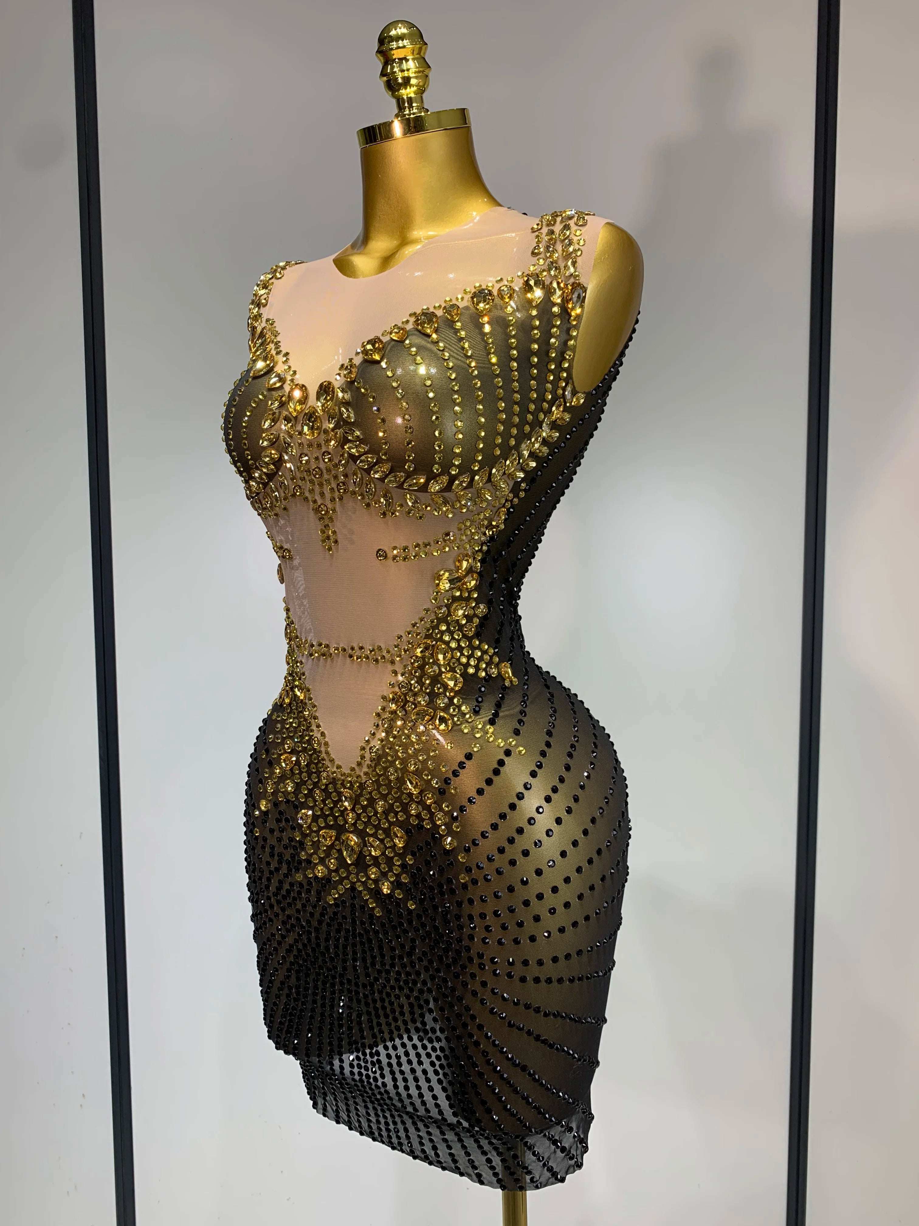 Sparkly Gold Rhinestone Transparent Sleeveless Mini Dress Evening Birthday Celebrate Party Nightclub Dance Performance Outfit - JN Fashion Fusion