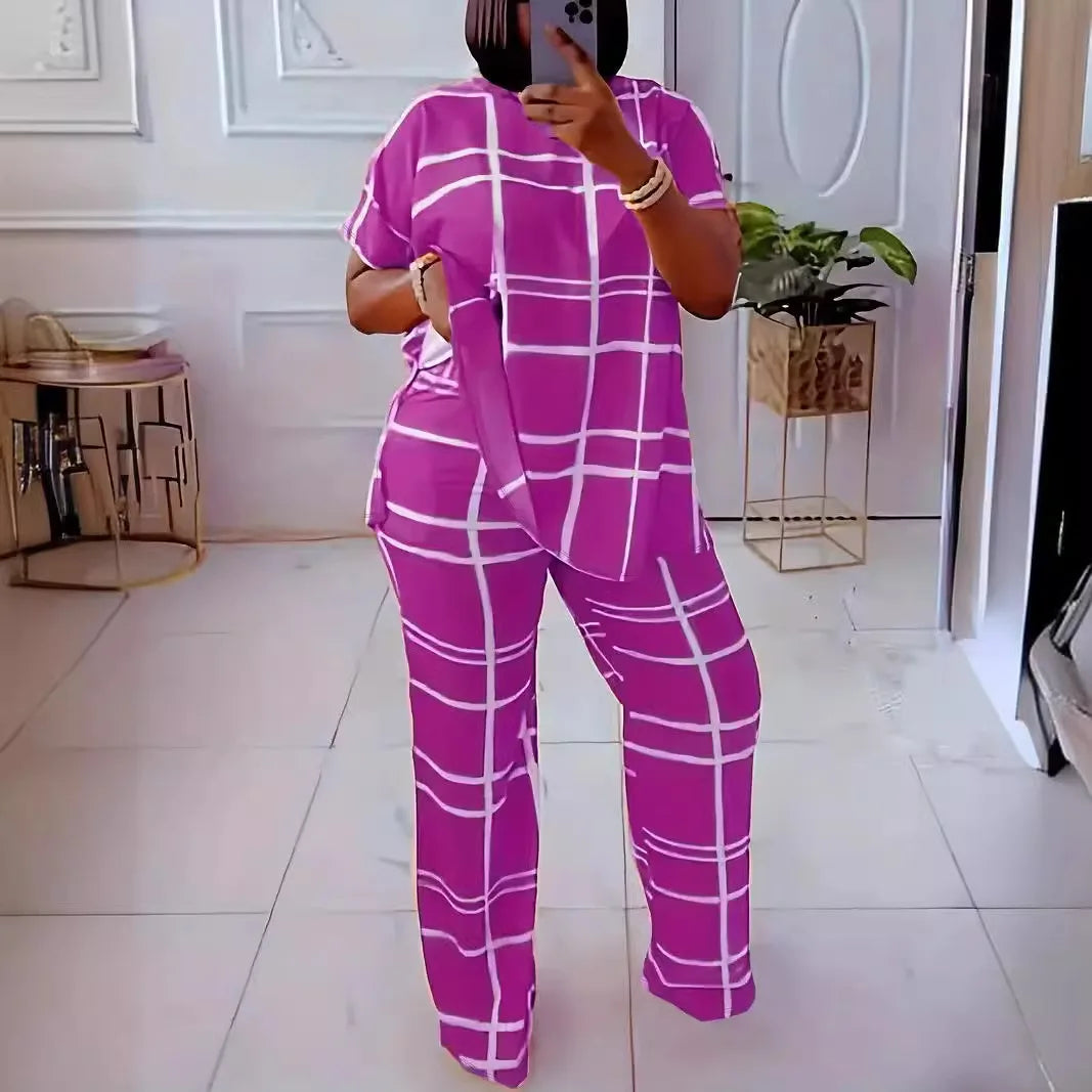 Short Sleeve 2 Piece Women Sets 2026 Spring Summer Matching Sets Stripe Print Two Pieces Sets Top Pants Suits Outfits Clothing