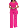 Women's Elegant Long Jumpsuits Summer Short Sleeve Buttons Solid Color Wide Leg Pants Rompers Female One Pieces Party Overalls