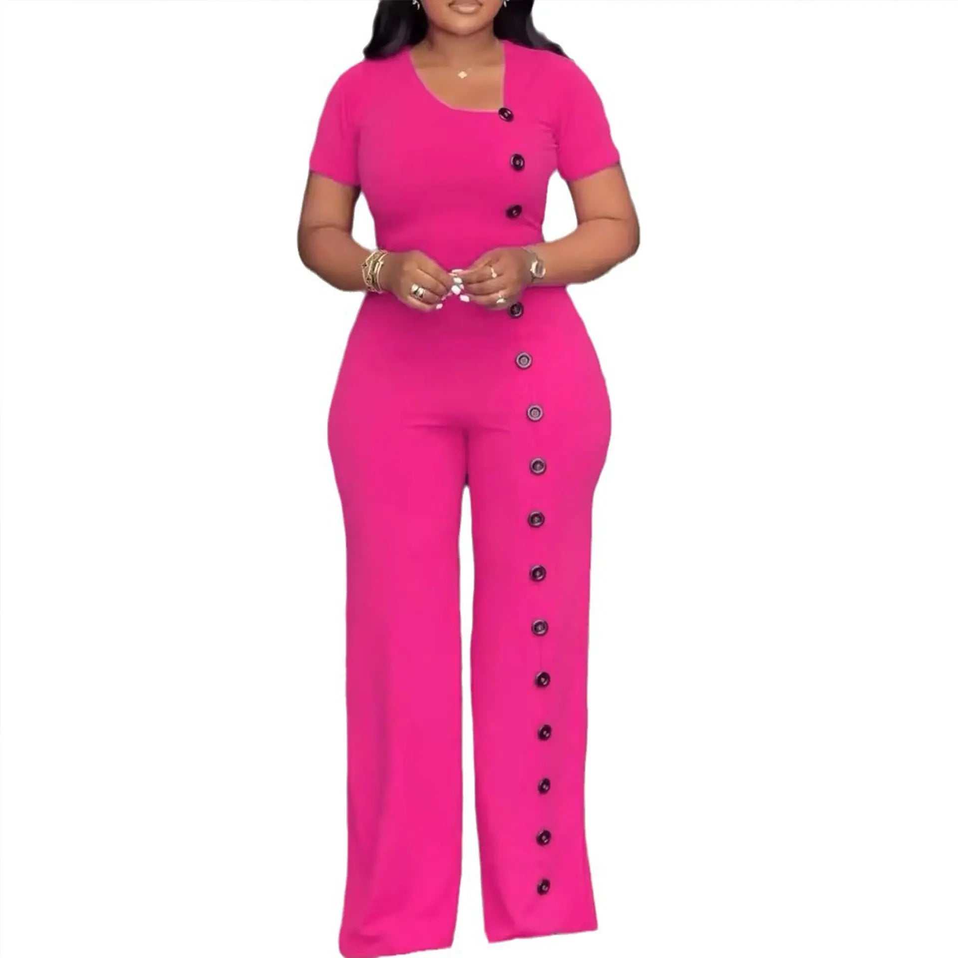Women's Elegant Long Jumpsuits Summer Short Sleeve Buttons Solid Color Wide Leg Pants Rompers Female One Pieces Party Overalls