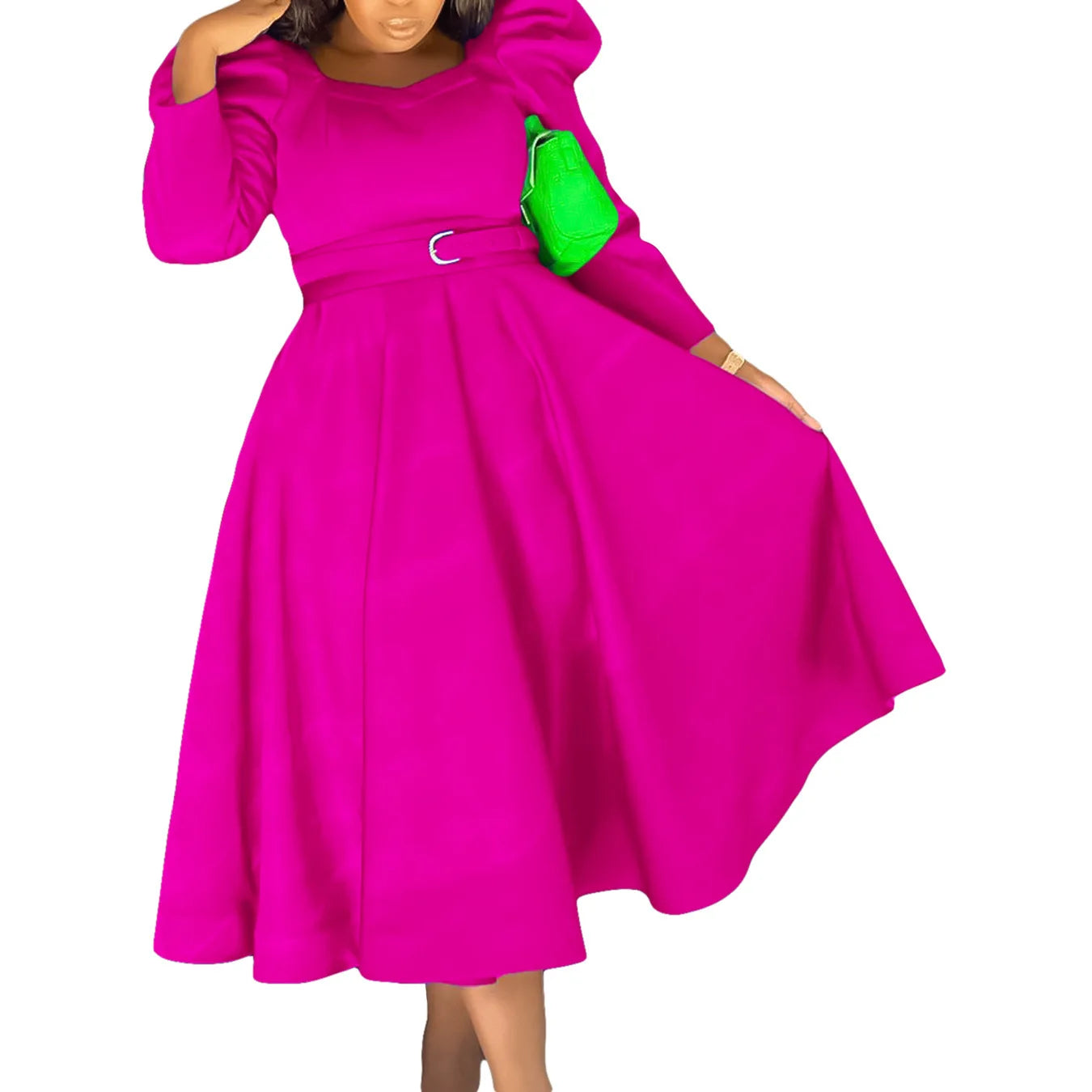 Vintage Spring Autumn Formal Evening Long Sleeve Midi Dresses Women Bubble A Line Pleated Big Bottom Wedding Party Dress