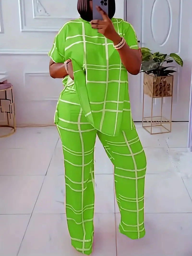 Short Sleeve 2 Piece Women Sets 2026 Spring Summer Matching Sets Stripe Print Two Pieces Sets Top Pants Suits Outfits Clothing