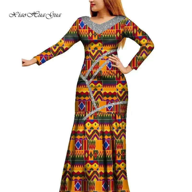 African Women Dress African Wax Print Dress Bazin Riche Long Sleeve Maxi Dress Lady African Clothes WY8679