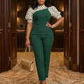 Elegant Women Irregular Colorblock Jumpsuit Mock Neck Short Lantern Sleeves Wide Leg Long Pants Causal Office Church Outfit