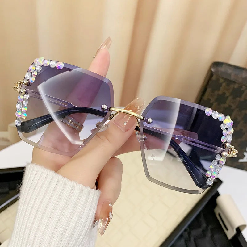 1 pair of fashionable women's square frameless gradient lens glasses with crystal decoration and metal material - JN Fashion Fusion