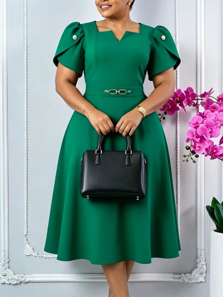 Women Summer Autumn Casual Plus Size Slim Office Ladies Dresses Retro Elegant V-Neck High Waist Short Sleeve Party Dress 2026