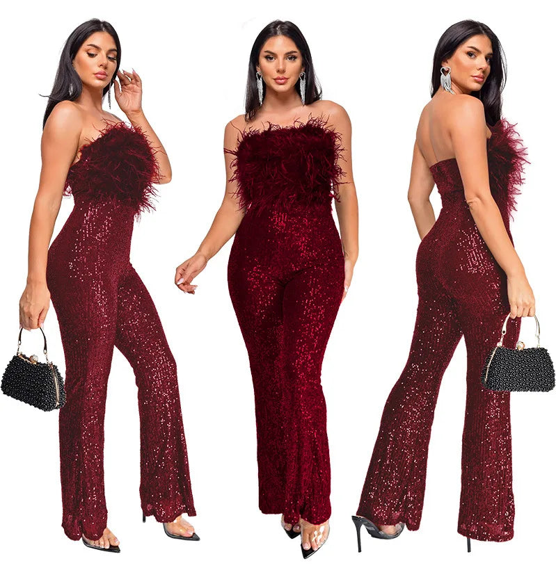 Sliver Bling Bling Sequined Club Jumpsuit Women Strapless Elegant Sparky Gold Sequins Party Romper Overalls