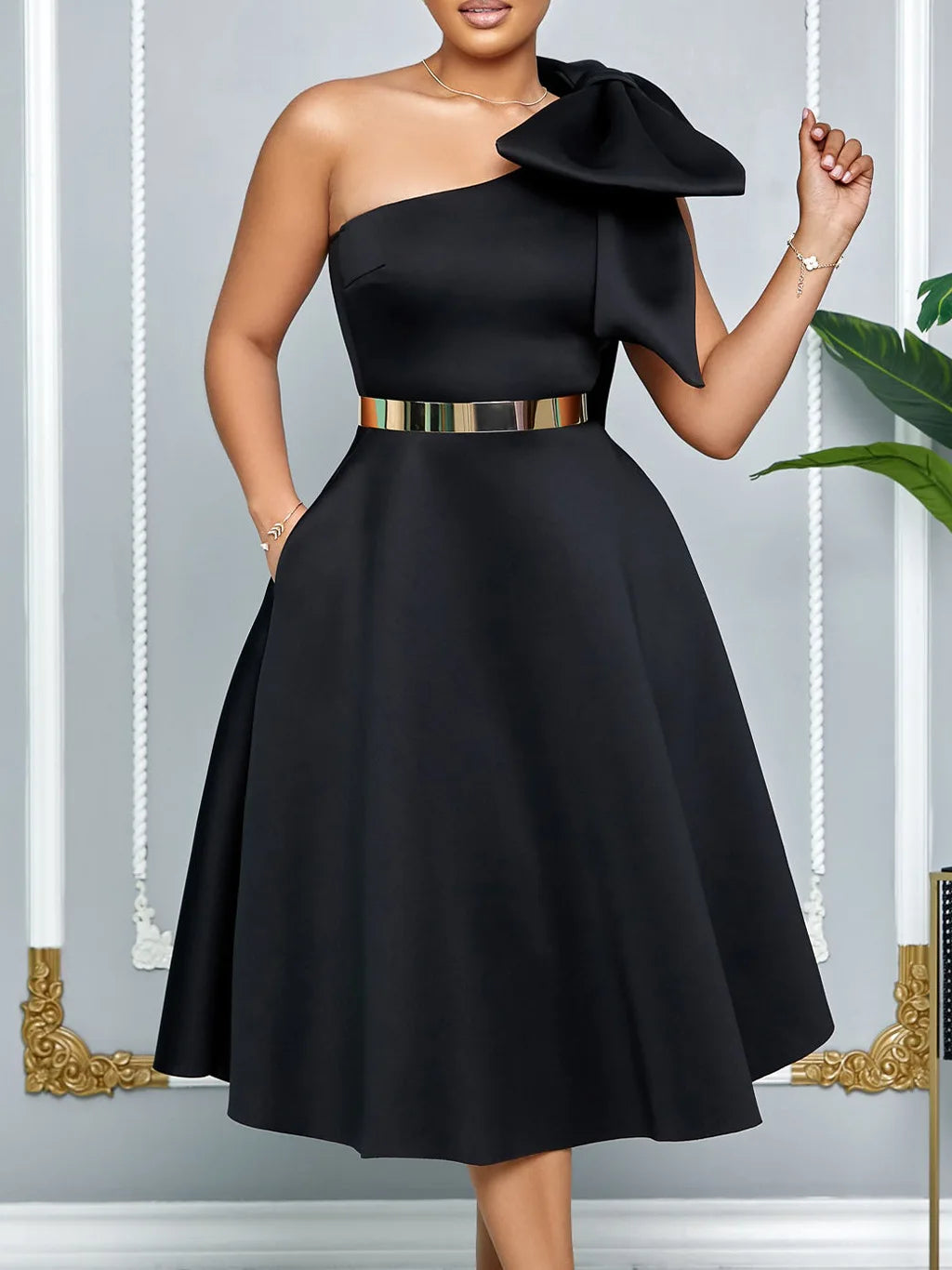 plus Size Women's Fashion Skew Shoulder Bow Banquet Swing Dress New Elegant Gown for Special Occasions