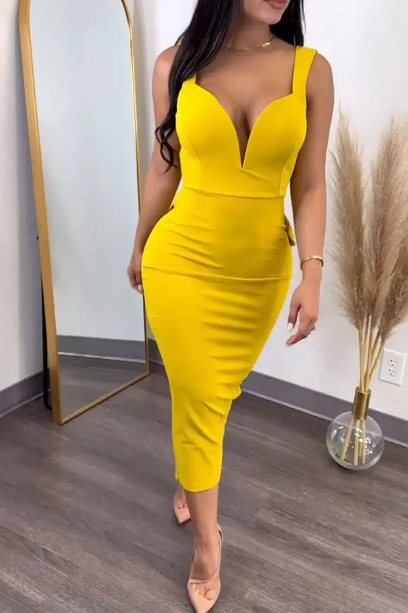Elegant V-Neck Backless Midi Dress for Women 2025 Spring Sleeveless Bow Sexy Party Birthday Bodycon Dresses Vestidos - JN Fashion Fusion