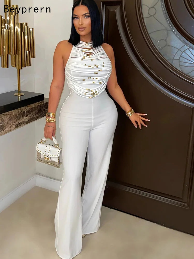 Beyprern Womens Beaded Fringed Palazzo Jumpsuits Overalls Summer Backless Fitted Wide Legs Jumpsuits One Piece Outfits Clubwear - JN Fashion Fusion