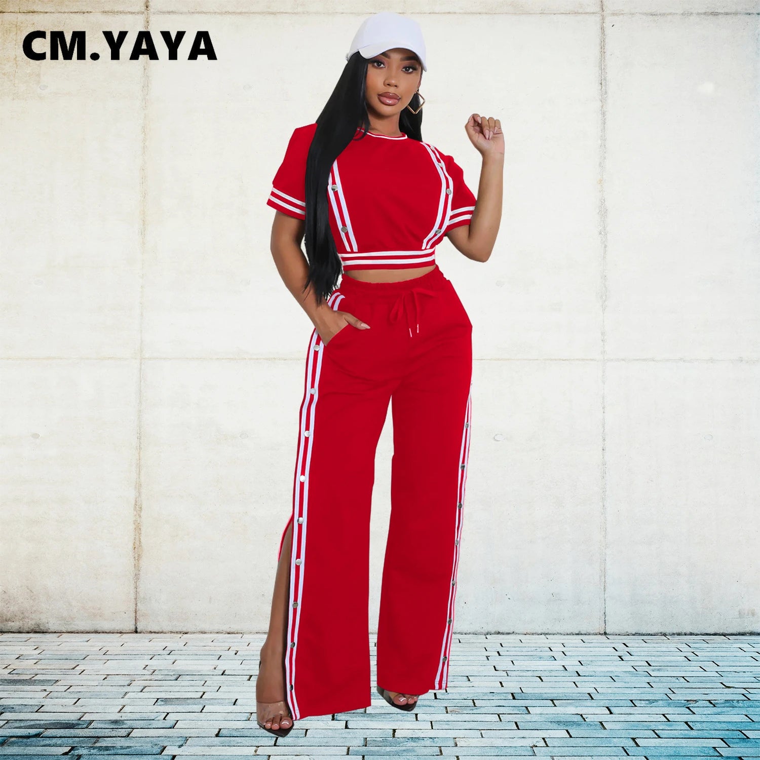 CM.YAYA Active Women's Set Striped Ribbon T-shirt + Side Button Split Long Pants Suit Sporty Two 2 Piece Sets Outfit Tracksuit - JN Fashion Fusion