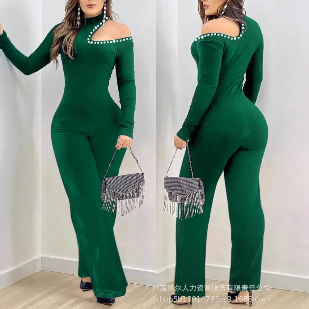 Women New Rhinestone Cold Shoulder High Neck Jumpsuit Long Sleeve Slim Fit Flared Jumpsuit - JN Fashion Fusion