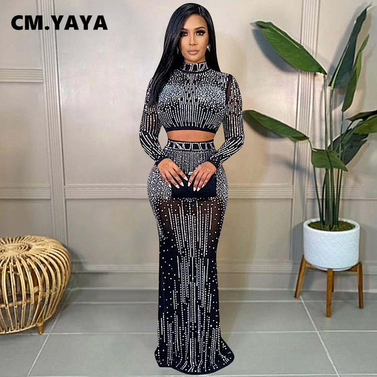 CM.YAYA Women Mesh See Though Hot Rhinestones Diamonds Patchwork Maxi Midi Dress Sexy Party Long Skirts Suit Matching Set - JN Fashion Fusion
