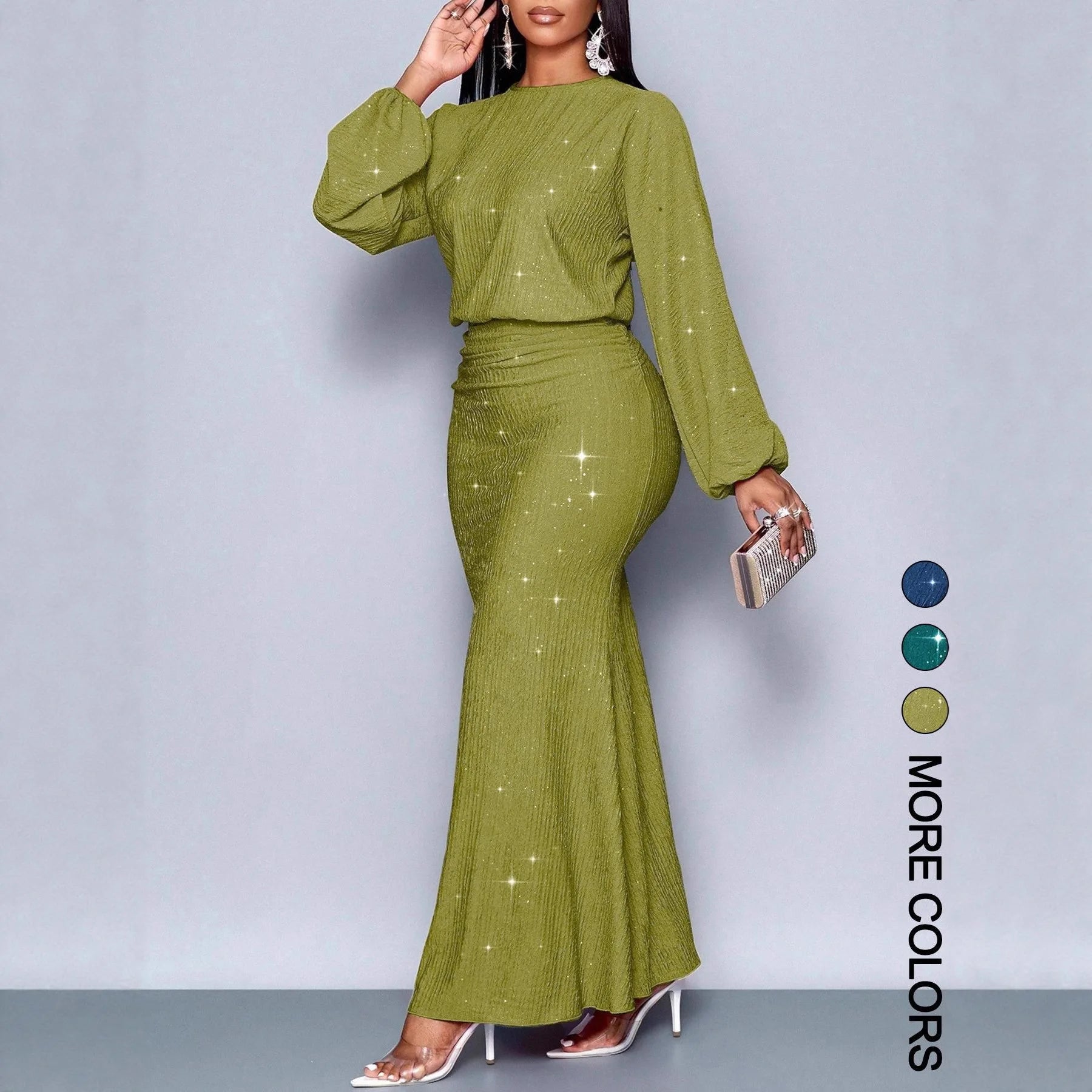 Fashion Shiny Women's Dress Spring Autumn O-neck  Long Sleeve Slim Hips Banquet Long Dress Female Pleated Party Fishtail Dresses - JN Fashion Fusion