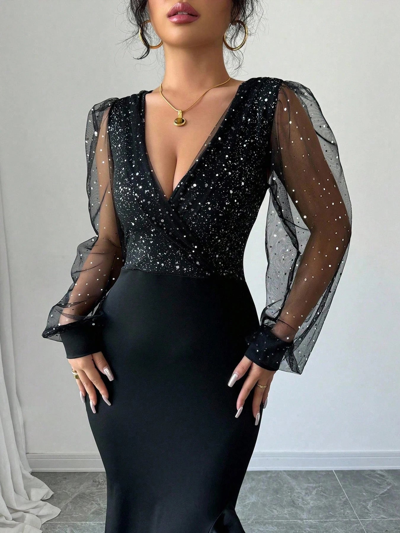 Elegant V Neck Sequin Mesh Splicing Long Sleeve Black Dress Women Spring Summer Fashion Slit Long - JN Fashion Fusion