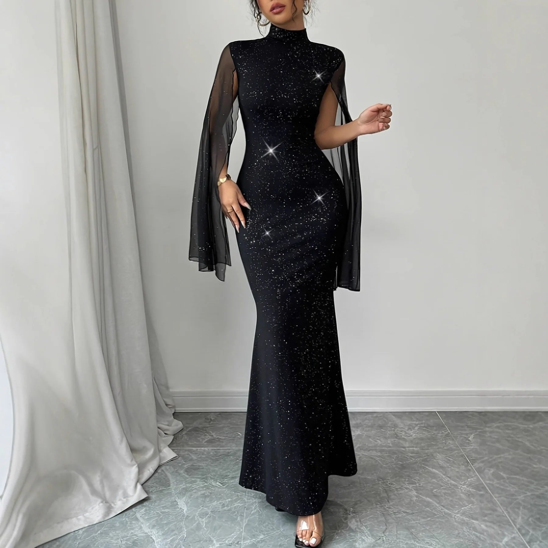 Shiny Cape Splicing Party Dress Women 2026 Spring Elegant Maxi Dresses for Women - JN Fashion Fusion