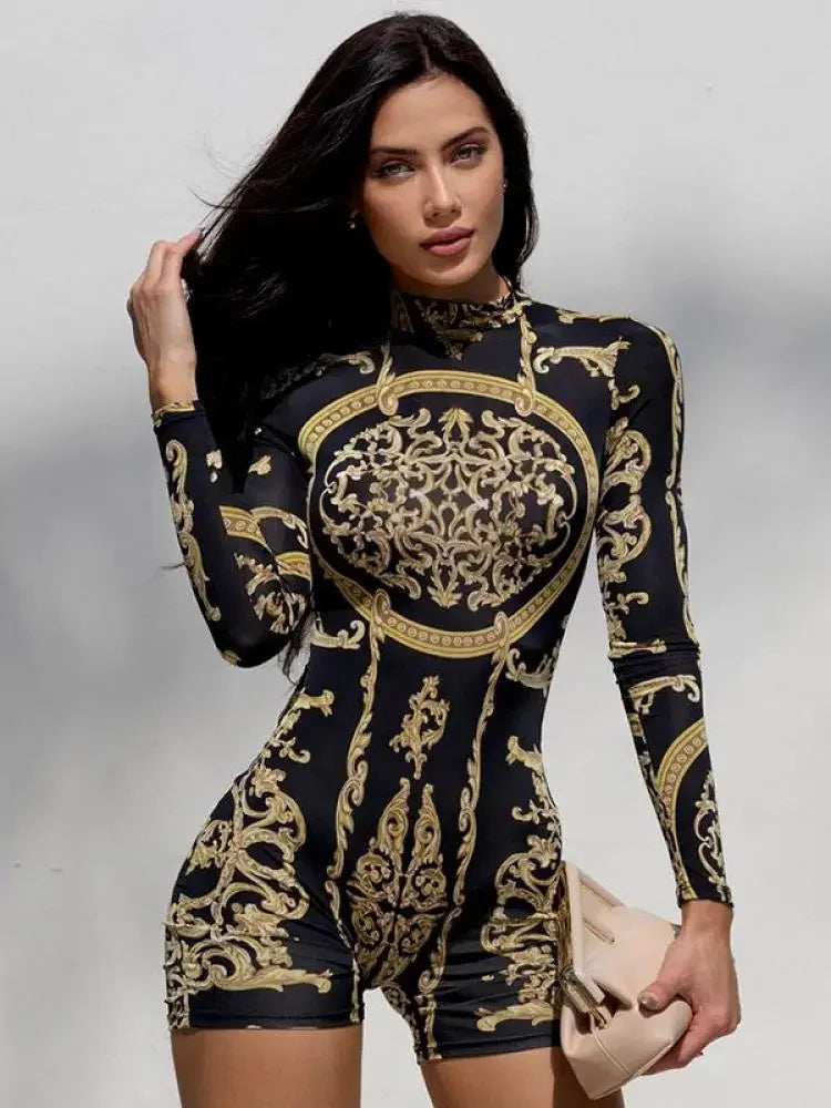 Oshoplive 2024 New Summer Female Fashion Female Gold Print Long Sleeves Playsuits Sexy Casual Fitness Short Jumpsuits For Women