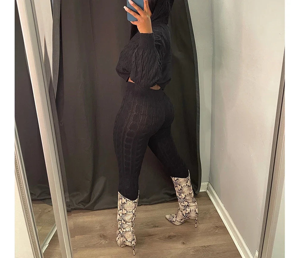 2 Piece Sets Womens Outfits Fashion Long Sleeve Cable Knit Hooded Sweater & Pants Suit Streetwear 2024 Autumn Winter Casual New - JN Fashion Fusion
