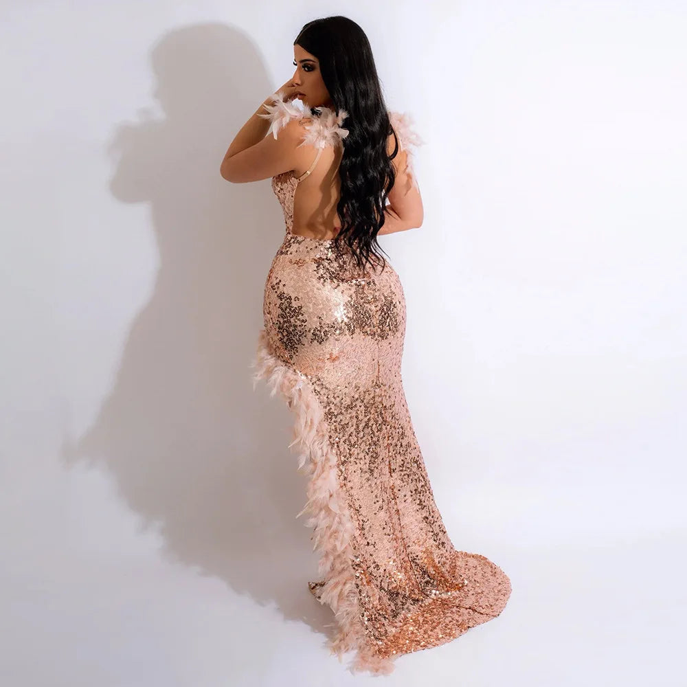Dress Floor Length Dresses Women Party Gown Sequin Feather Hip Wrap Sexy Slim Fit Vestidos Sleeveless V Neck Backless Evening