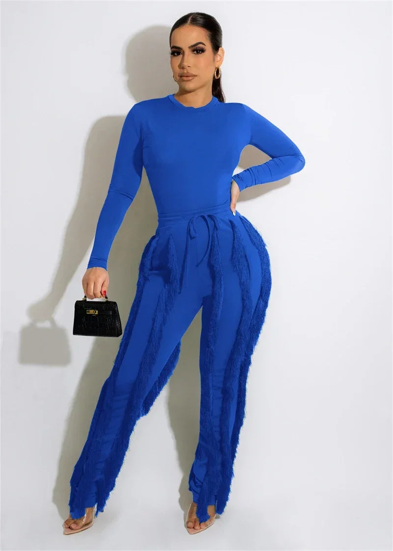 Elegant 2-piece women's fall winter outfit by JN Fashion Fusion featuring a long sleeve bodysuit top and tassel pants.