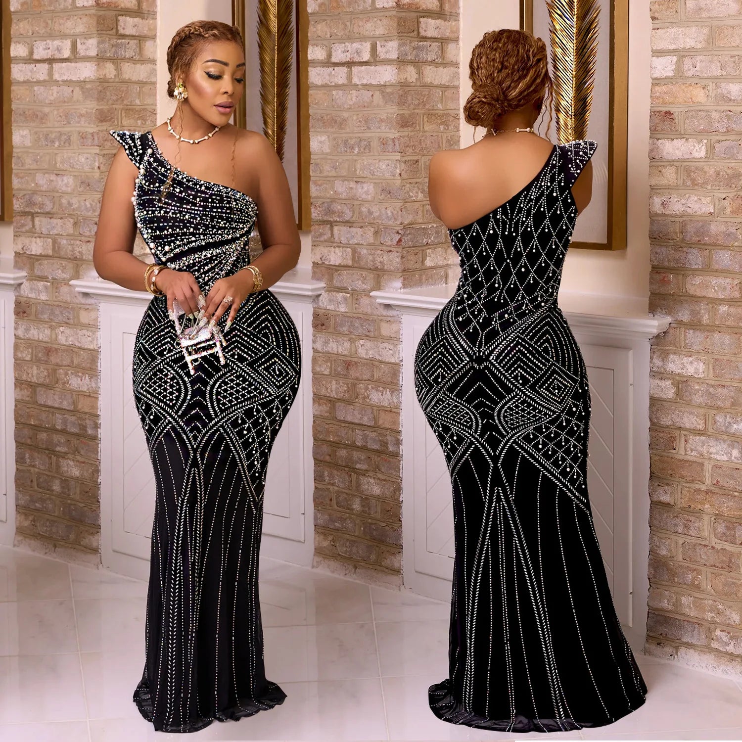 Women Dress Floor Length Dresses Skew Collar Vestidos Hot Drilling Sleeveless One Shoulder Hip Wrap Party Sexy Slim Fit