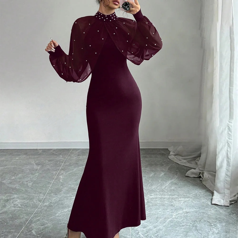 Women Dresses 2026 Spring Autumn New Solid Color Beading Decor Lace Splicing High Neck Long Sleeve Slim Hip Wrapping Long Dress - JN Fashion Fusion