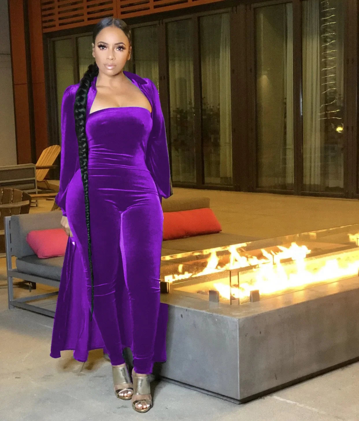 CM.YAYA Vintage Velvet Two 2 Piece Set Outfits for Women Long Sleeve Maxi Cardigan + Strapless Jumpsuit Suit INS 2022 Tracksuit - JN Fashion Fusion
