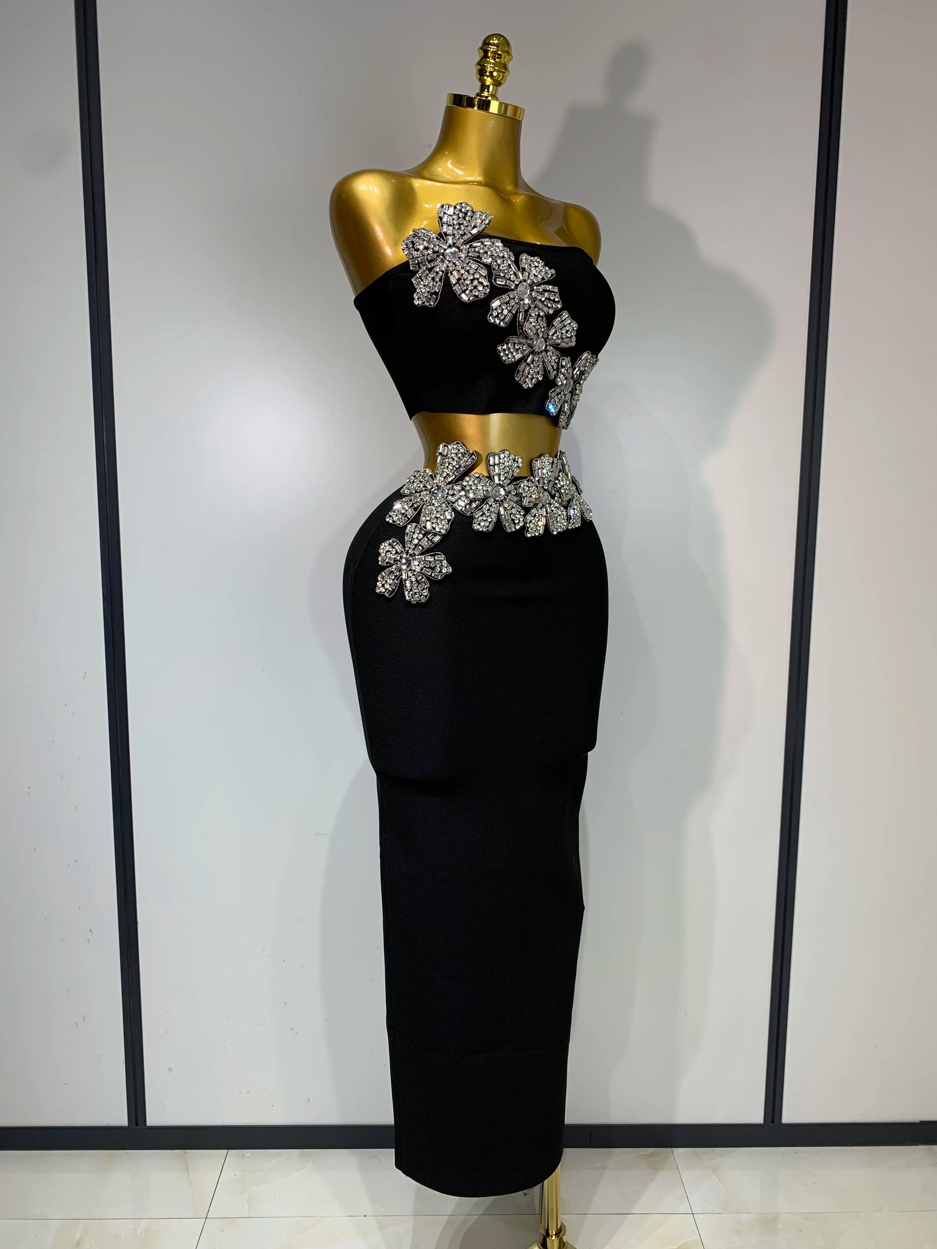 Women Sexy Strapless Flower Diamonds Black Maxi Long Bandage Two Piece Set 2025 Knitted Elegant Evening Club Party Prom Gowns - JN Fashion Fusion